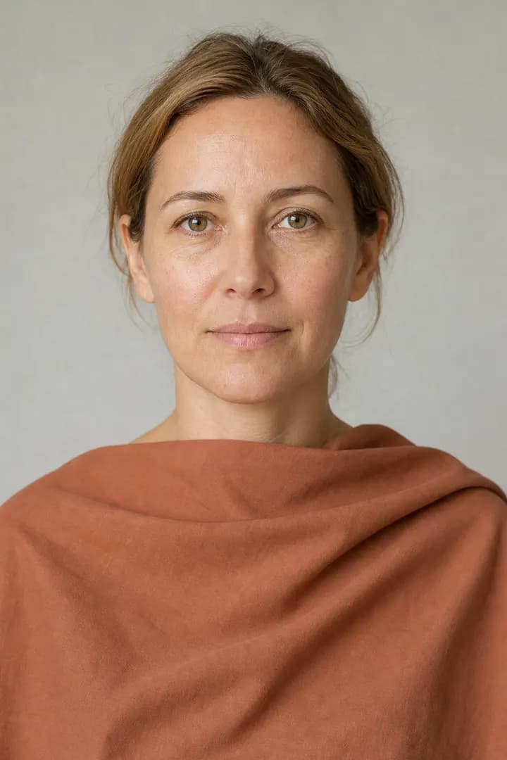 Illustration portrait: a woman draped in soft terracotta, a color of the Soft Autumn palette.